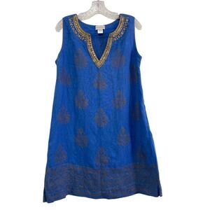 Soft Surroundings Blue Linen Beaded Sleeveless Shift Dress Womens Size S V Neck